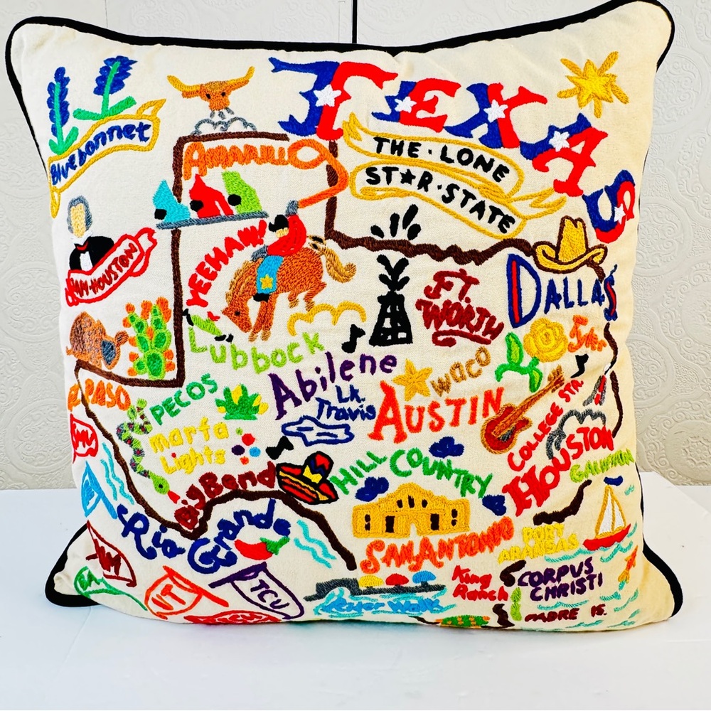 Catstudio Geography Collection Texas State Hand Embroidered 19” Pillow 2017 MINT